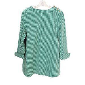 Chico’s Green & White Diagonal Stripe Blouse 3 Button Shoulder Detail